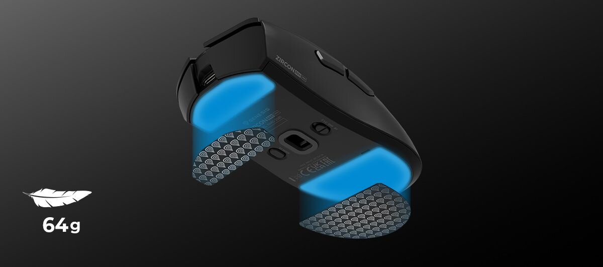 GENESIS Zircon 880 Pro Szklane ślizgacze niską wagą 64 gram Niski opór - Widok na spód myszy bezprzewodowej z zaznaczonymi obszarami ślizgaczy, ikoną piórka oraz dużym napisem informującym o wadze wynoszącej 64g.