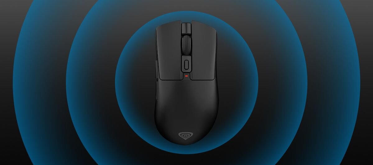 GENESIS Zircon 880 Pro czterem trybom pracy: Tournament 8K, Rapid 4K, Core i Eco Zircon 880 PRO - Mysz komputerowa ukazana w rzucie od góry, umieszczona centralnie na tle