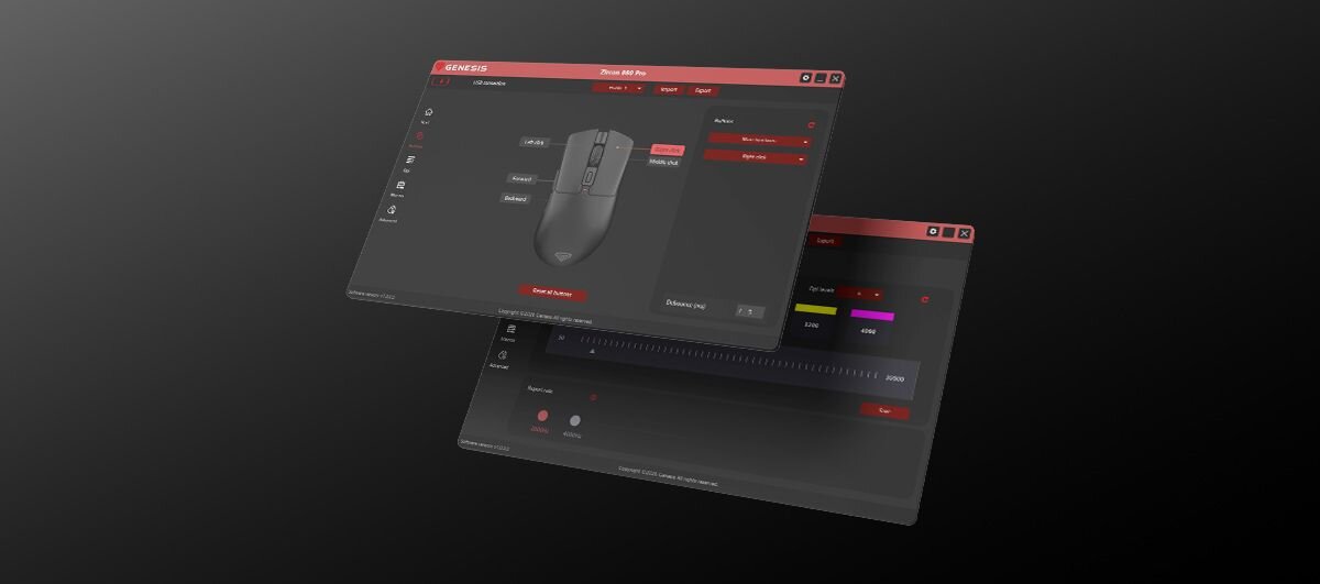GENESIS Zircon 880 Pro Dedykowane oprogramowanie dostosowanie parametrów myszy ustawieniami sensora, makrami i konfiguracją działania - dedykowanego oprogramowania marki Genesis na dwóch nałożonych na siebie oknach interfejsu, służącego do konfiguracji przycisków oraz ustawień poziomów DPI.