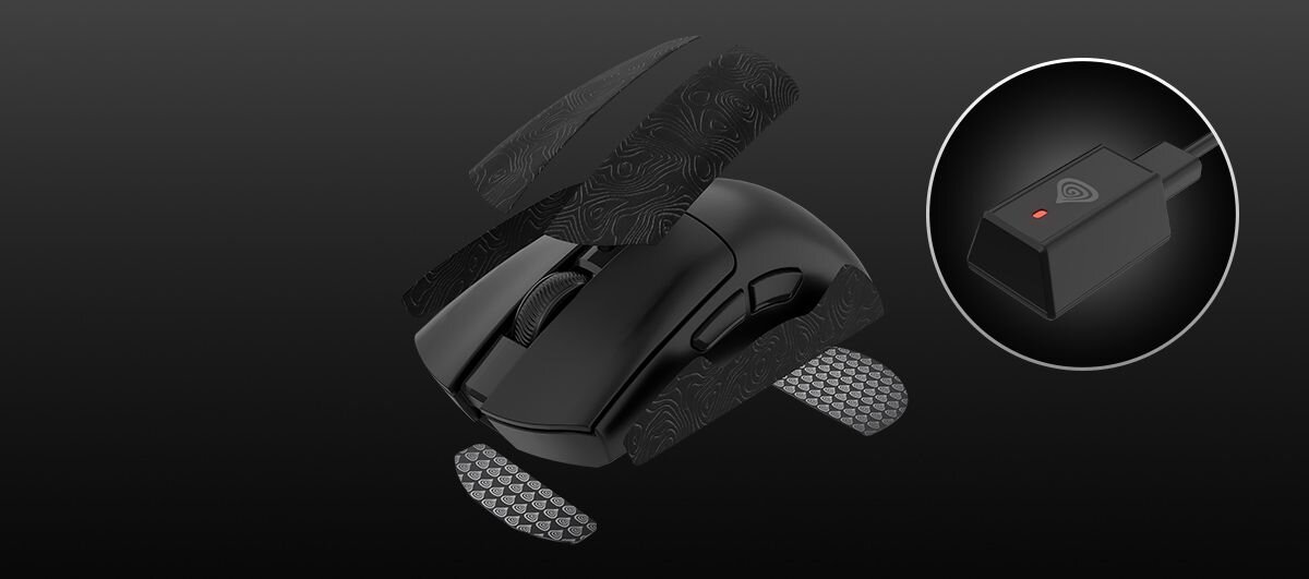 GENESIS Zircon 880 Pro Teksturowana powierzchnia taśm Odpowiednio dobrana struktura - Grafika przedstawiająca mysz komputerową, dedykowane taśmy antypoślizgowe (grip tape) oraz zbliżenie na odbiornik sygnału bezprzewodowego w okrągłej ramce