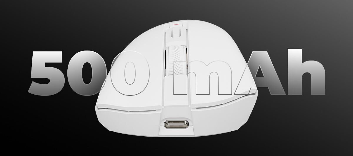 Biała mysz komputerowa z widocznym portem ładowania, na tle której znajduje się napis \'500 mAh\'.