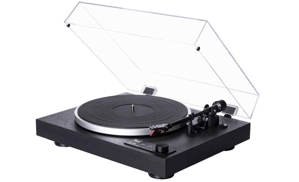 Gramofon DUAL CS 429 - wkładka Ortofon 2M Red, gotowy do użycia, wysoka jakość dźwięku, gramofon z otwartą pokrywą po skosie na białym tle