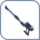 Na obrazie widoczny jest bezprzewodowy odkurzacz w kolorze niebiesko-czarnym z długą rurą i uchwytem. Produkt ma przezroczysty pojemnik na kurz i jest przeznaczony do użytku domowego.