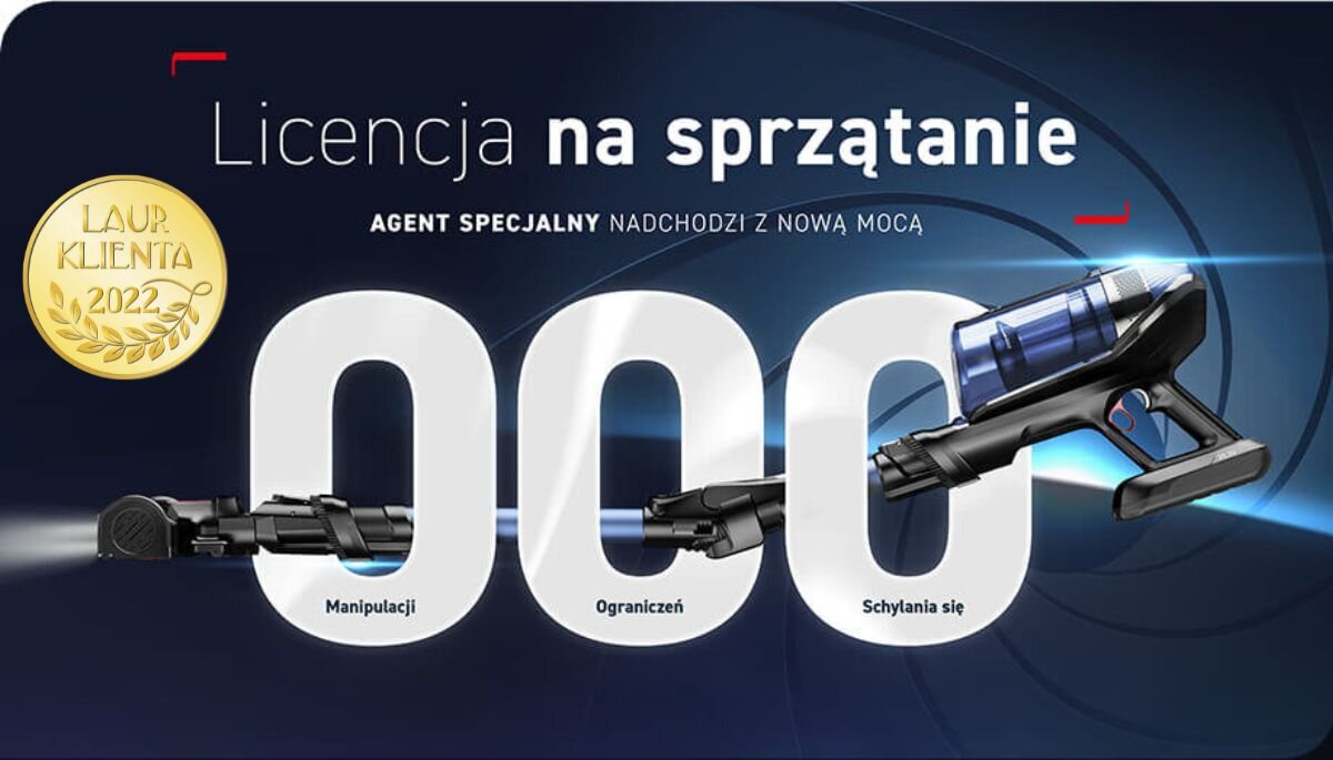 Grafika przedstawia napis \'Licencja na sprzątanie\' oraz \'AGENT SPECJALNY NADCHODZI Z NOWĄ MOCĄ\'. Widoczne są trzy cyfry zero z podpisami: \'Manipulacji\', \'Ograniczeń\', \'Schylania się\', a także odkurzacz i złoty medal z napisem \'LAUR KLIENTA 2022\'.