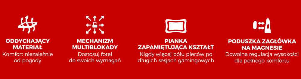 Fotel GENESIS Nitro 800 Szary na czerwonym tle napiy oddychający materiał materiał multiblokady pianka zapamiętująca kształt poduszka zagłówka na magnesie pewne wsparcie ciała personalizacja