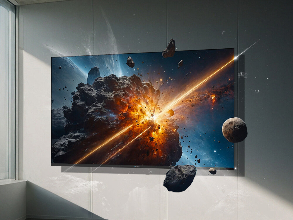 Telewizor wyświetla dynamiczną scenę kosmiczną z eksplozją i asteroidami. Obraz jest jasny i szczegółowy, z intensywnymi kolorami.
