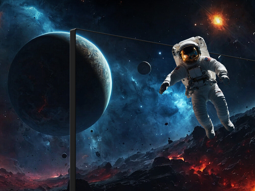 Obraz przedstawia astronautę unoszącego się w przestrzeni kosmicznej na tle planet i gwiazd. Widać również fragment cienkiej, ciemnej ramki, która może sugerować ekran telewizora.