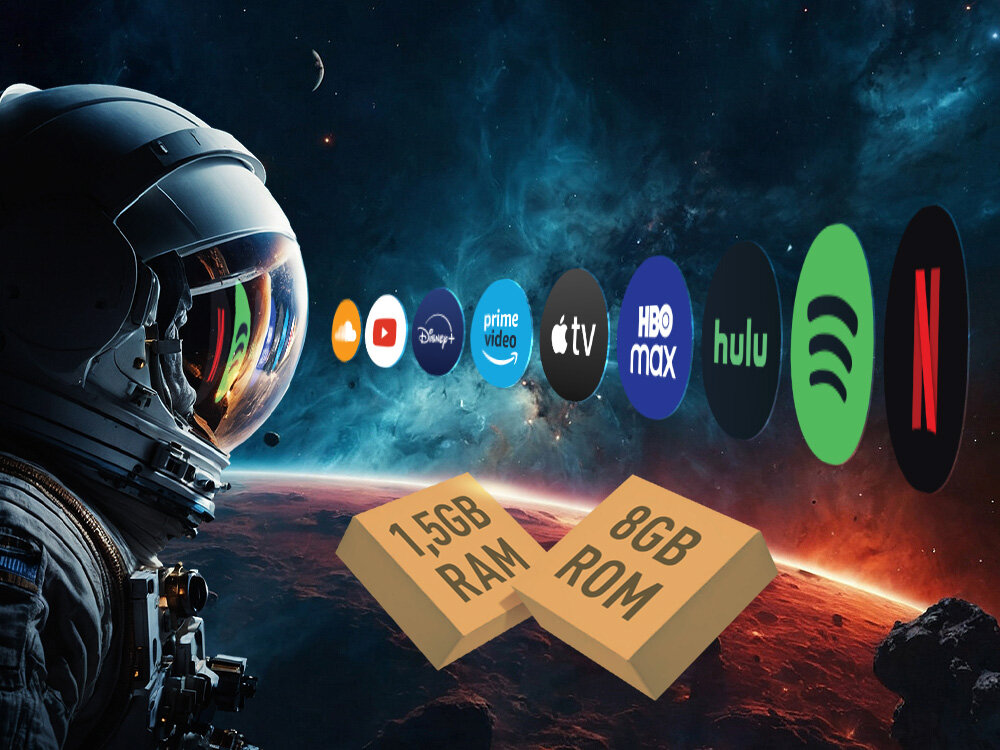 Obraz przedstawia astronautę w kosmosie z planetą w tle oraz ikony różnych serwisów streamingowych, takich jak YouTube, Disney+, Prime Video, Apple TV, HBO Max, Hulu, Spotify i Netflix. Na dole widoczne są napisy \'1.5GB RAM\' i \'8GB ROM\'.