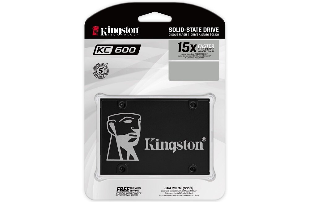 Opakowanie dysku SSD Kingston KC600 z widocznym logo Kingston i informacją o 15-krotnie szybszym działaniu. Na opakowaniu znajduje się również informacja o 5-letniej gwarancji i wsparciu technicznym.