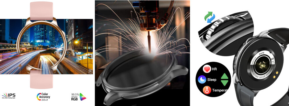 Obraz przedstawia trzy ujęcia smartwatcha z różnymi funkcjami i cechami. Widoczne są ikony: IPS, Color Accuracy ΔE<2, 99.5% RGB oraz symbole HR, Sleep, Temperature.