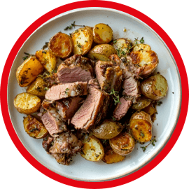 Na białym talerzu znajduje się danie z kawałkami mięsa i pieczonymi ziemniakami, udekorowane ziołami.