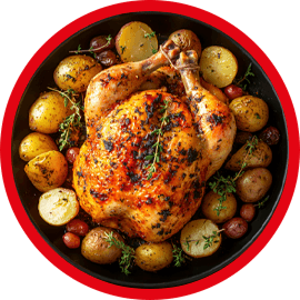 Na obrazie widoczny jest pieczony kurczak otoczony ziemniakami i ziołami, umieszczony na czarnym talerzu. Talerz jest otoczony czerwonym okręgiem.