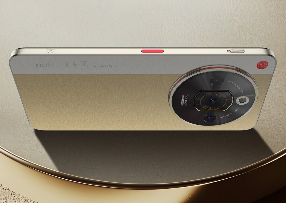 Smartfon w kolorze złotym z dużym okrągłym modułem aparatu z trzema obiektywami. Na obudowie widoczne są napisy: \'nubia\', \'Model: Z2311H\' oraz logo \'NEO\'.