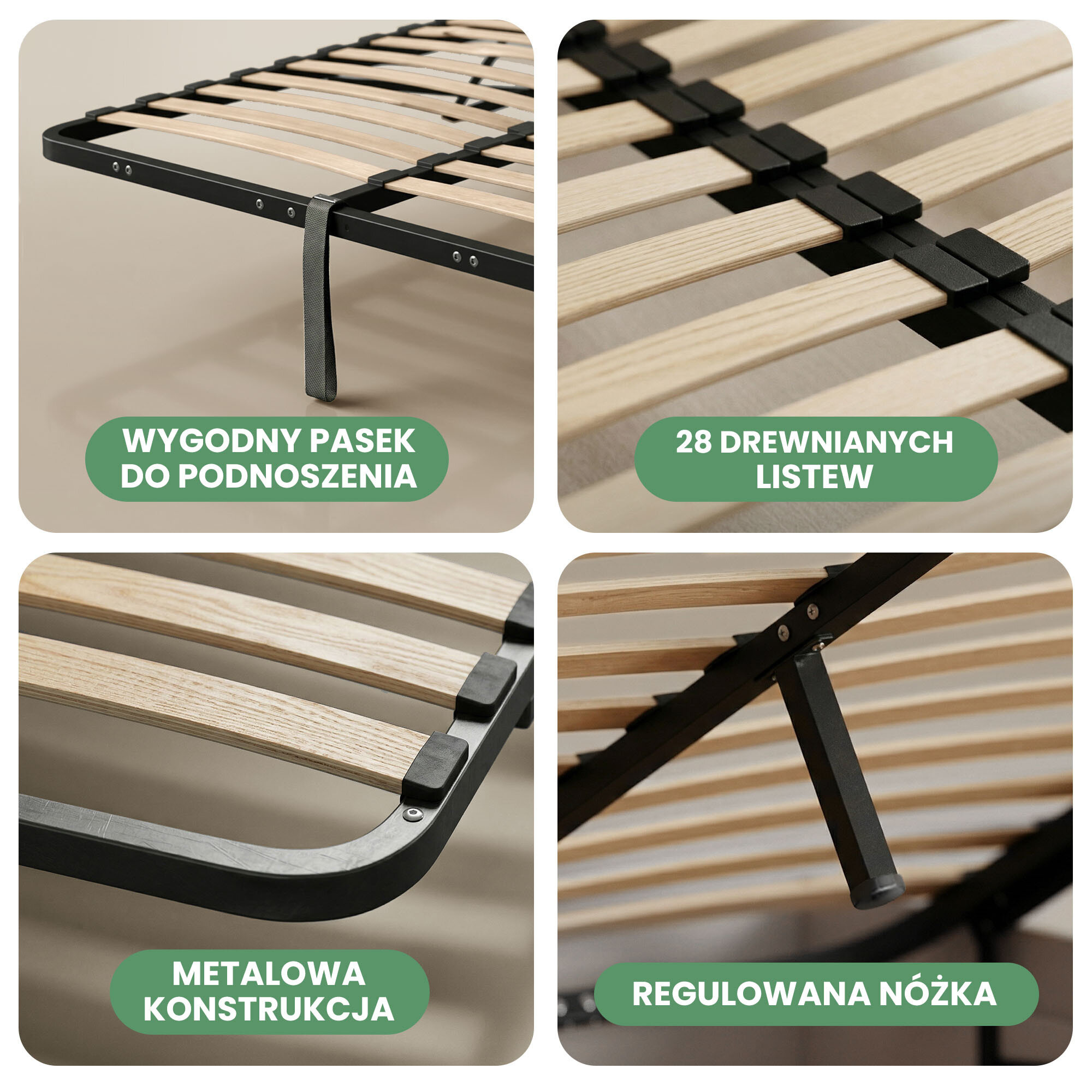 Obraz przedstawia metalowy stelaż do łóżka z mechanizmem podnoszenia, zawierający 28 drewnianych listew. Widoczne są napisy: \'WYGODNY PASEK DO PODNOSZENIA\', \'28 DREWNIANYCH LISTEW\', \'METALOWA KONSTRUKCJA\', \'REGULOWANA NÓŻKA\'.
