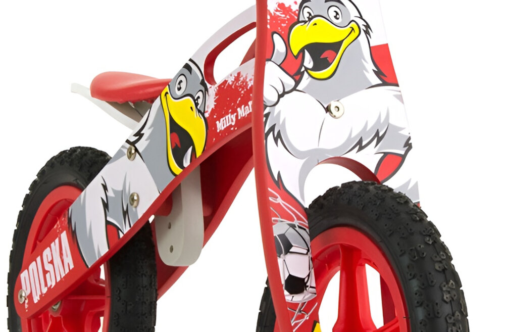 Rowerek biegowy MILLY-MALLY King Czerwony trwaly stylowy funkcjonalny regulowane siodelko lekka konstrukcja pompowane opony komfort bezpieczna jazda dla dzieci do 12 miesiecy do 5 lat drewniana rama waga 4 kg