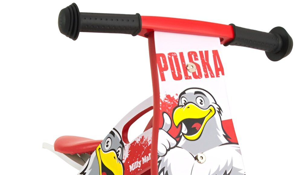 Rowerek biegowy MILLY-MALLY King Czerwony regulowane siodelko w zakresie 36-40 cm komfort ergonomiczna pozycja wygoda bezpieczenstwo rozwoj motoryczny poprawia koordynacja i rownowage balansowanie sterowanie