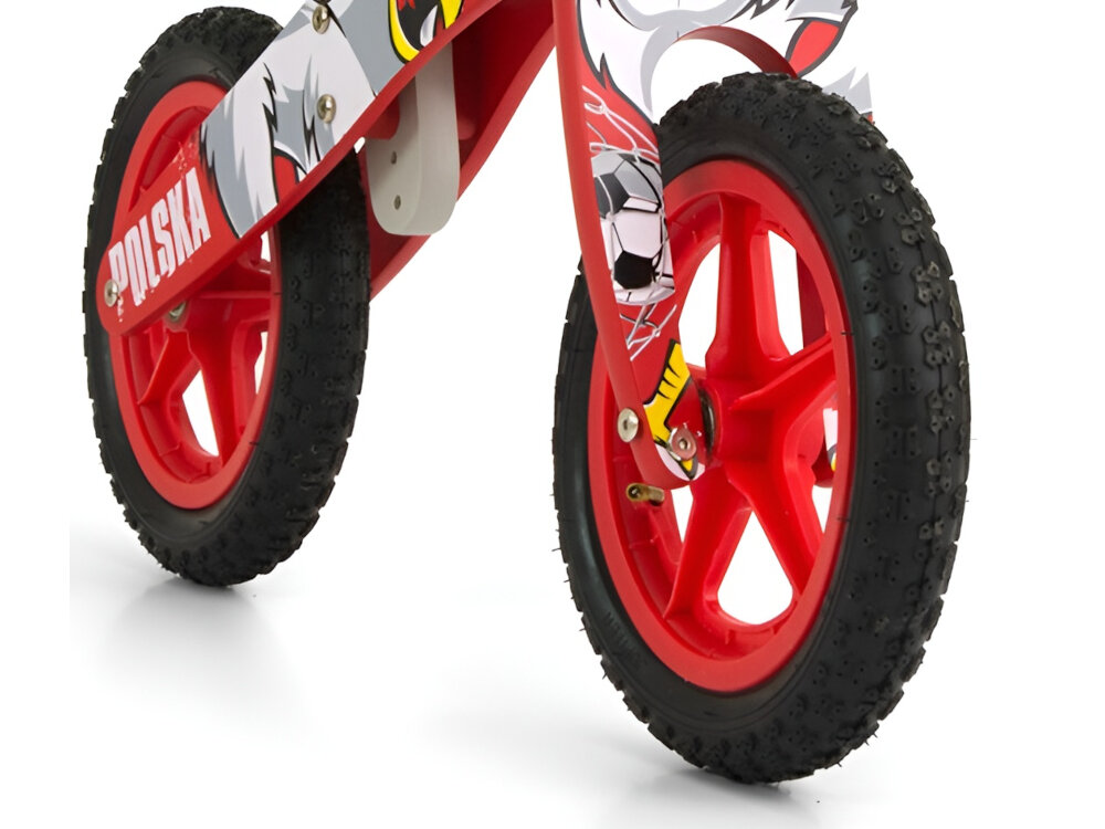 Rowerek biegowy MILLY-MALLY King Czerwony kola 12-calowe pompowane opony plynna stabilna jazda absorbuja wstrzasy i nierownosci terenu czerwony kolo wizerunek orla stylo design wyrazisty kolor