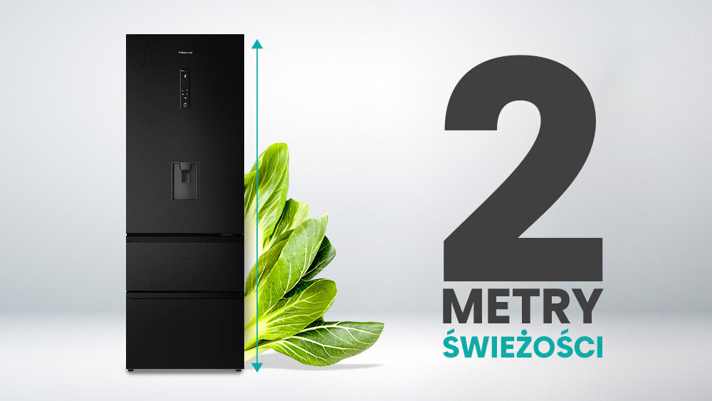Czarna lodówka z trzema drzwiami i dozownikiem wody, obok której znajdują się zielone liście. Obok lodówki widnieje napis \'2 METRY ŚWIEŻOŚCI\'.