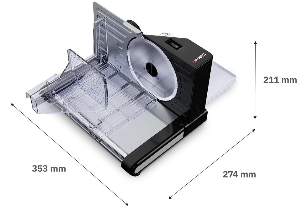 Krajalnica z ostrzem ze stali nierdzewnej, przezroczystą osłoną i czarną obudową z logo \'webber\'. Wymiary urządzenia to 353 mm długości, 274 mm szerokości i 211 mm wysokości.