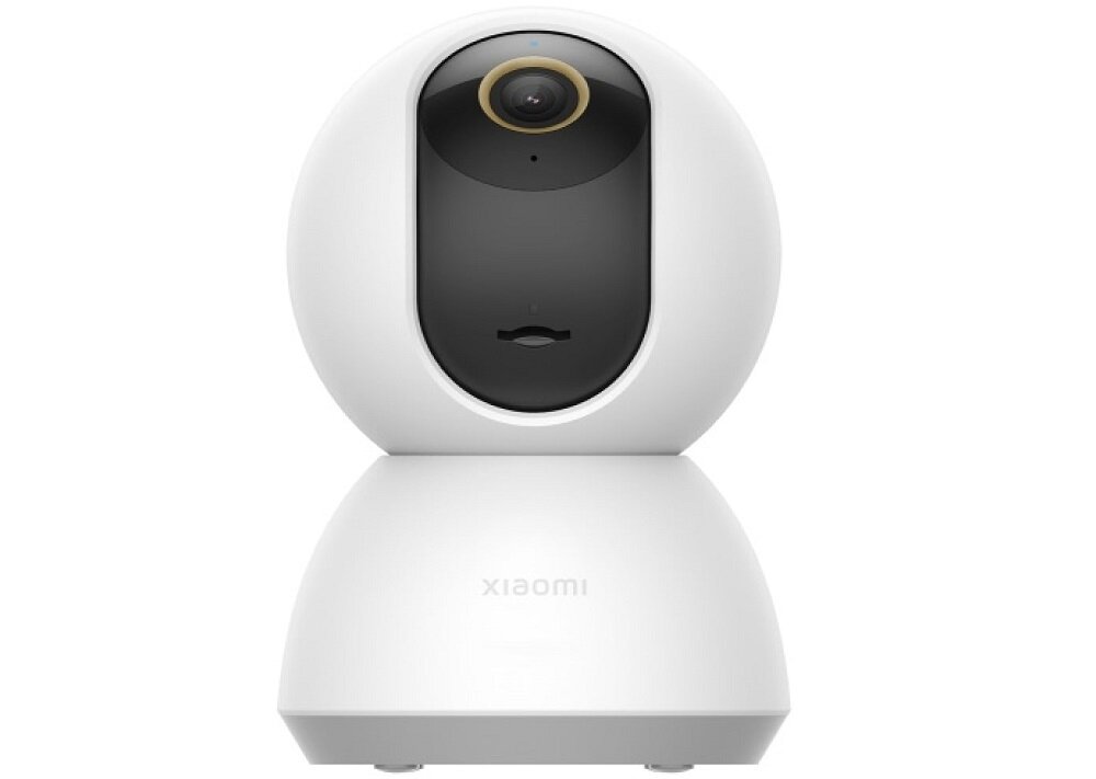 Biała, obrotowa kamera z czarnym panelem na froncie, na którym znajduje się obiektyw. Na podstawie widoczny jest napis \'xiaomi\'.