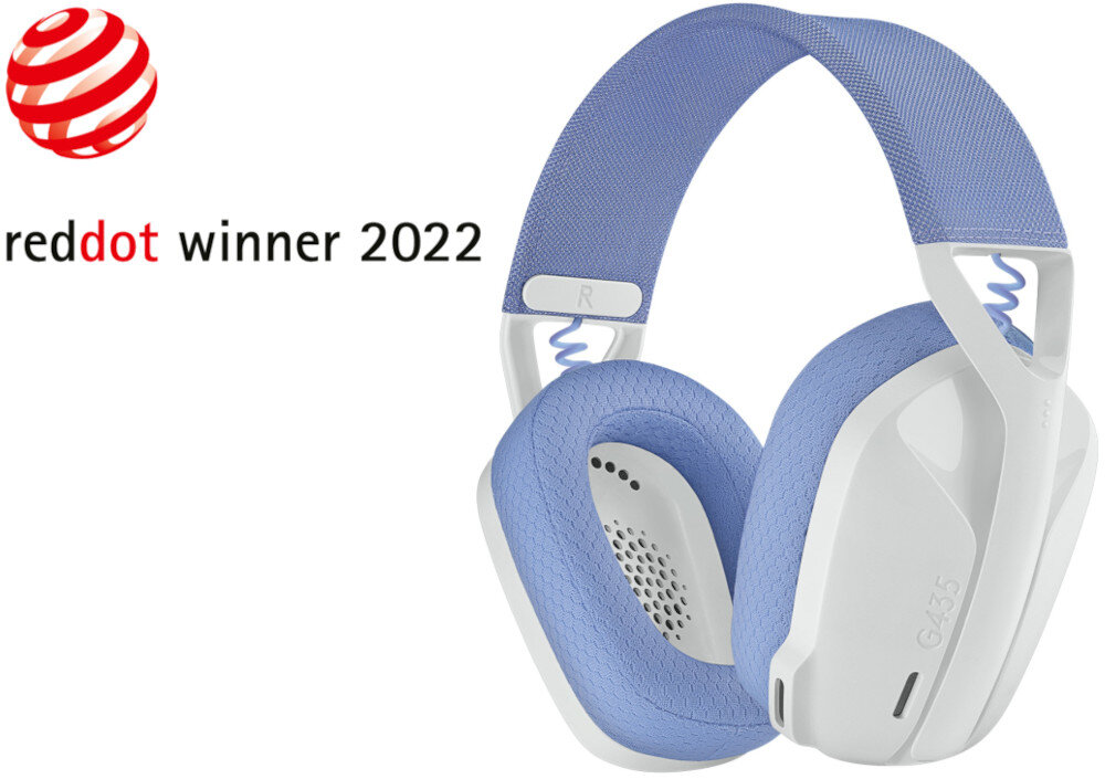 Na obrazie widoczne są bezprzewodowe słuchawki nauszne w kolorze białym z niebieskimi elementami. Obok znajduje się logo i tekst \'reddot winner 2022\'.