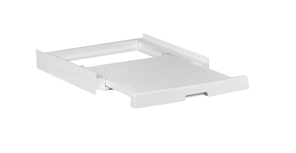 Na obrazie widoczny jest biały, prostokątny łącznik z wysuwaną półką. Produkt ma prostą konstrukcję i jest przeznaczony do montażu w urządzeniach AGD.