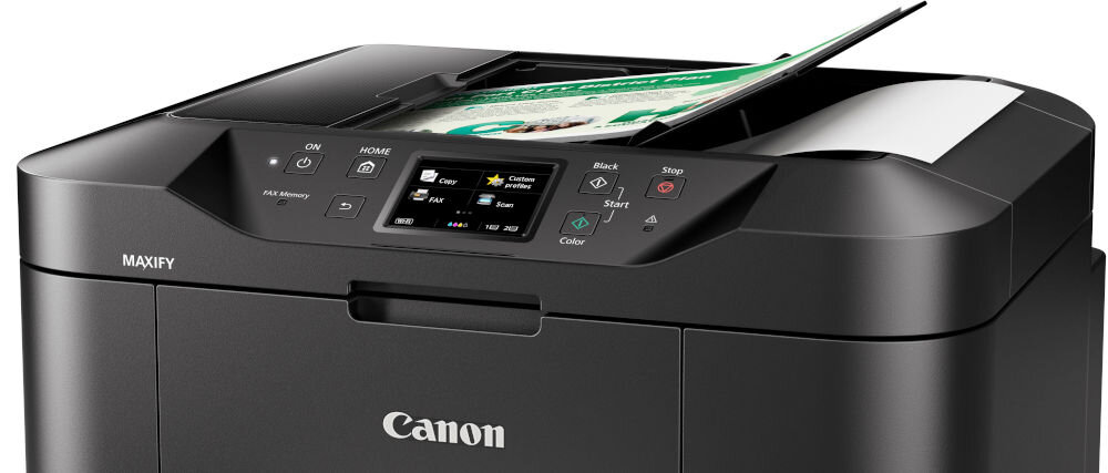 Urządzenie wielofunkcyjne CANON Maxify MB2750 Druk w kolorze, Automatyczny druk dwustronny, Wi-Fi zbliżenie na górną część urządzenia ADF automatyczny podajnik dokumentów pojemność eliminacja konieczności ręcznego układania każdej strony na szybie skanera oszczędność czasu