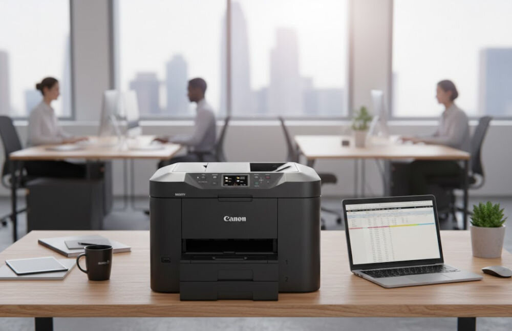 Urządzenie wielofunkcyjne CANON Maxify MB2750 Druk w kolorze, Automatyczny druk dwustronny, Wi-Fi  prezentacja urządzenia na biurku w biurze kolorowy skaner czujnik CIS rozdzielczość szybkość sprawna archiwizacja dokumentów