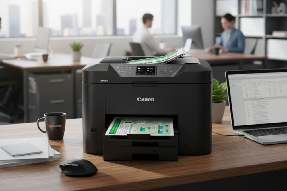 Urządzenie wielofunkcyjne CANON Maxify MB2750 Druk w kolorze, Automatyczny druk dwustronny, Wi-Fi  prezentacja urządzenia na biurku w biurze jakość druku, rozdzielczość, wyraźne wydruki dokumentów pisma biurowe