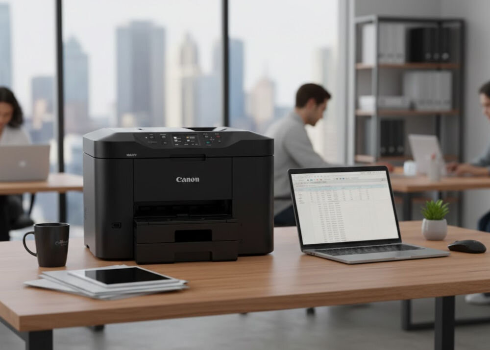 Urządzenie wielofunkcyjne CANON Maxify MB2750 Druk w kolorze, Automatyczny druk dwustronny, Wi-Fi  prezentacja urządzenia na biurku w biurze narzędzia kontroli filtrowanie adresów IP SMTP blokowanie czynności przez administratorów kontrola nad obiegiem dokumentów