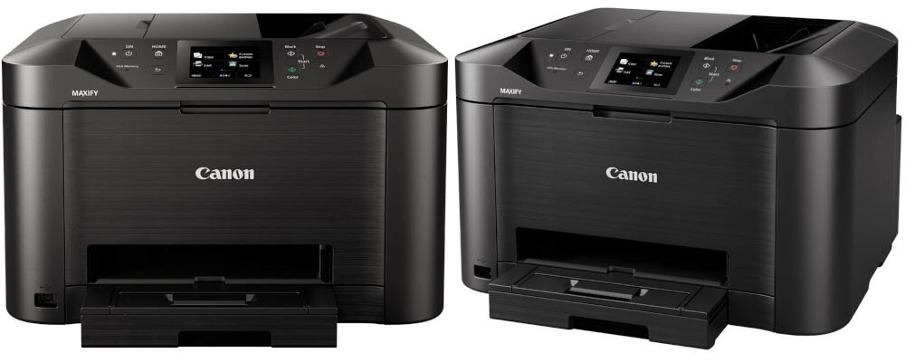 Urządzenie wielofunkcyjne CANON MAXIFY MB5150 Druk w kolorze, Automatyczny druk dwustronny, Wi-Fi  prezentacja urządzenia od przodu i pod kątem na białym tle tusze startowe w zestawie