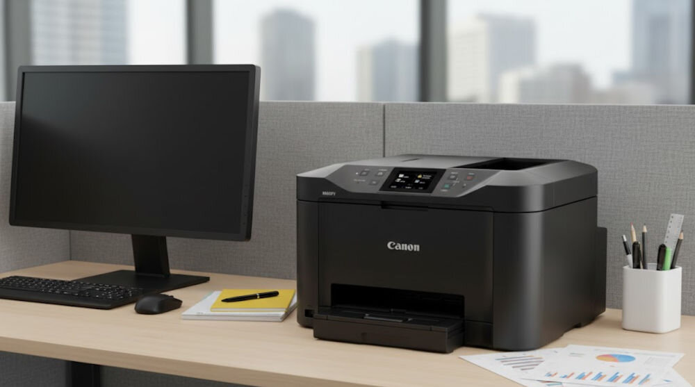 Urządzenie wielofunkcyjne CANON MAXIFY MB5150 Druk w kolorze, Automatyczny druk dwustronny, Wi-Fi  prezentacja urządzenia na biurku w biurze kolorowy skaner czujnik CIS rozdzielczość szybkość sprawna archiwizacja dokumentów