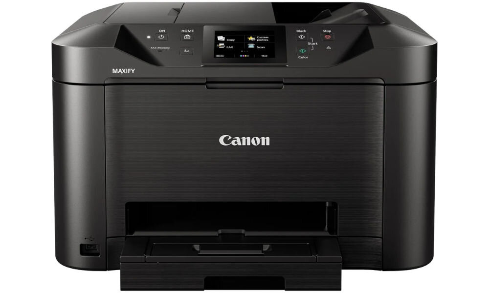 Urządzenie wielofunkcyjne CANON MAXIFY MB5150 Druk w kolorze, Automatyczny druk dwustronny, Wi-Fi  prezentacja urządzenia od przodu na białym tle przeznaczenie cechy 4w1 organizacja przestrzeni