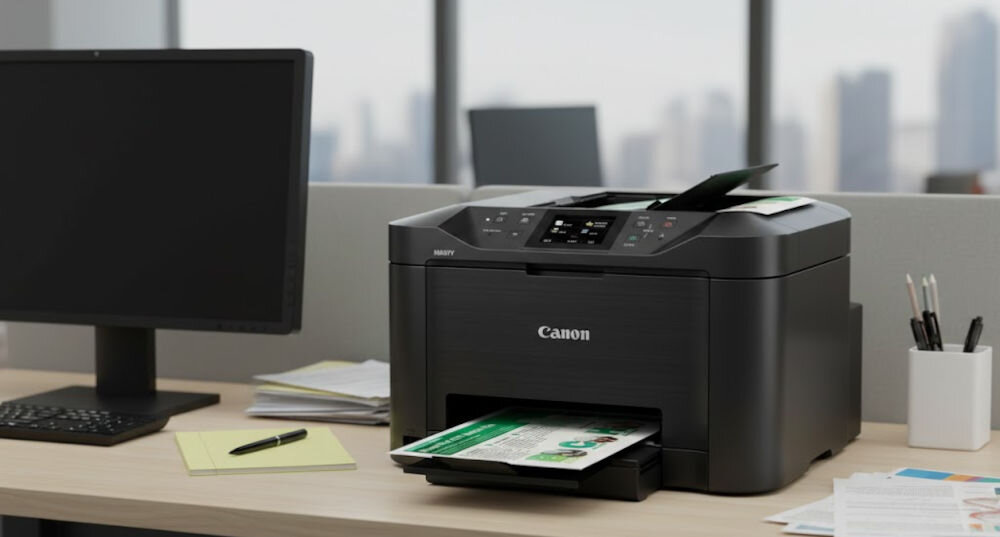 Urządzenie wielofunkcyjne CANON Maxify MB5155 Druk w kolorze, Automatyczny druk dwustronny, Wi-Fi  prezentacja urządzenia na biurku w biurze jakość druku, rozdzielczość, wyraźne wydruki dokumentów pisma biurowe