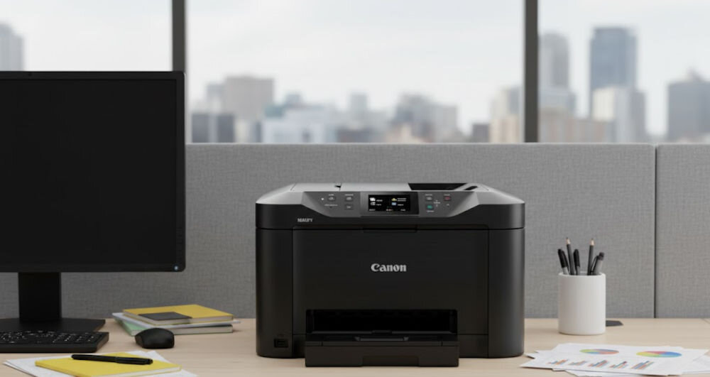 Urządzenie wielofunkcyjne CANON Maxify MB5155 Druk w kolorze, Automatyczny druk dwustronny, Wi-Fi  prezentacja urządzenia na biurku w biurze narzędzia kontroli filtrowanie adresów IP SMTP blokowanie czynności przez administratorów kontrola nad obiegiem dokumentów