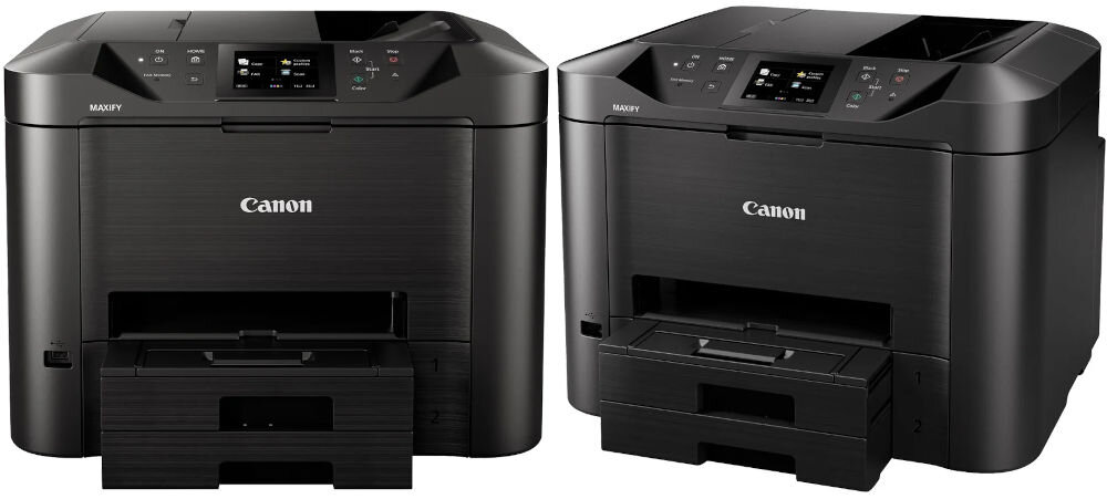 Urządzenie wielofunkcyjne CANON Maxify MB5450 Druk w kolorze, Automatyczny druk dwustronny, Wi-Fi  prezentacja urządzenia od przodu i pod kątem na białym tle tusze startowe w zestawie