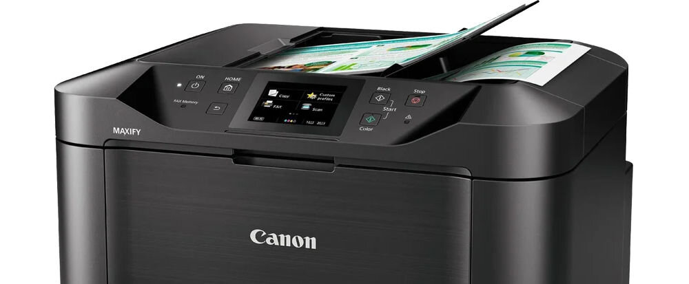 Urządzenie wielofunkcyjne CANON Maxify MB5450 Druk w kolorze, Automatyczny druk dwustronny, Wi-Fi zbliżenie na górną część urządzenia ADF automatyczny podajnik dokumentów pojemność eliminacja konieczności ręcznego układania każdej strony na szybie skanera oszczędność czasu