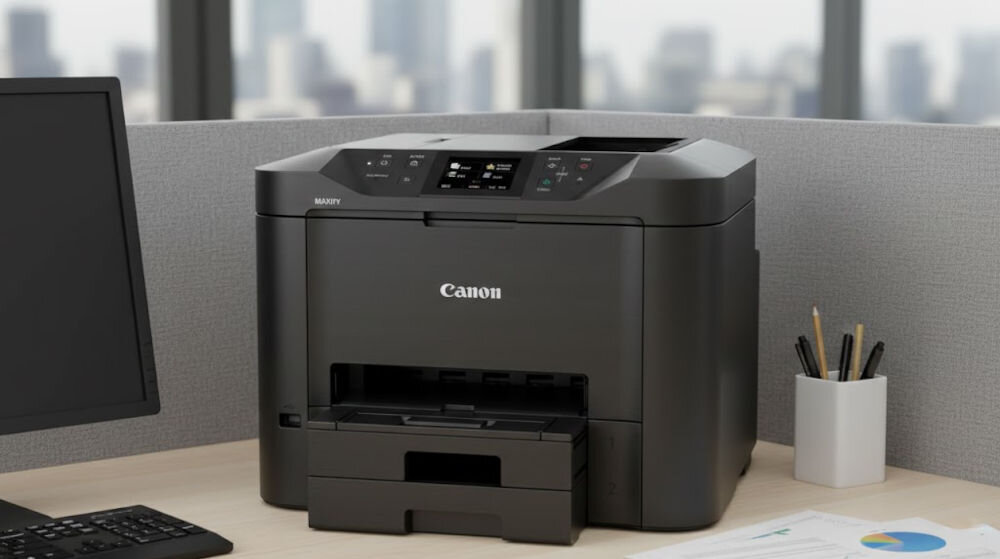 Urządzenie wielofunkcyjne CANON Maxify MB5450 Druk w kolorze, Automatyczny druk dwustronny, Wi-Fi  prezentacja urządzenia na biurku w biurze kolorowy skaner czujnik CIS rozdzielczość szybkość sprawna archiwizacja dokumentów