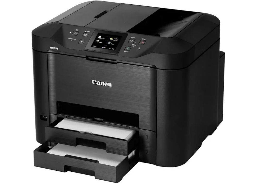 Urządzenie wielofunkcyjne CANON Maxify MB5450 Druk w kolorze, Automatyczny druk dwustronny, Wi-Fi  prezentacja urządzenia pod kątem z otworzonymi kasetami na białym tle kolorowy faks standard szybkość czas przesyłania pamięć urządzenia szybkie wybieranie rozdzielczość ułatwienie codziennej komunikacji