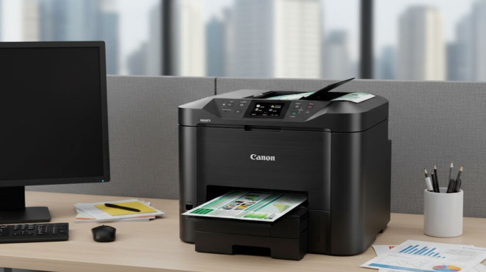 Urządzenie wielofunkcyjne CANON Maxify MB5450 Druk w kolorze, Automatyczny druk dwustronny, Wi-Fi  prezentacja urządzenia na biurku w biurze jakość druku, rozdzielczość, wyraźne wydruki dokumentów pisma biurowe