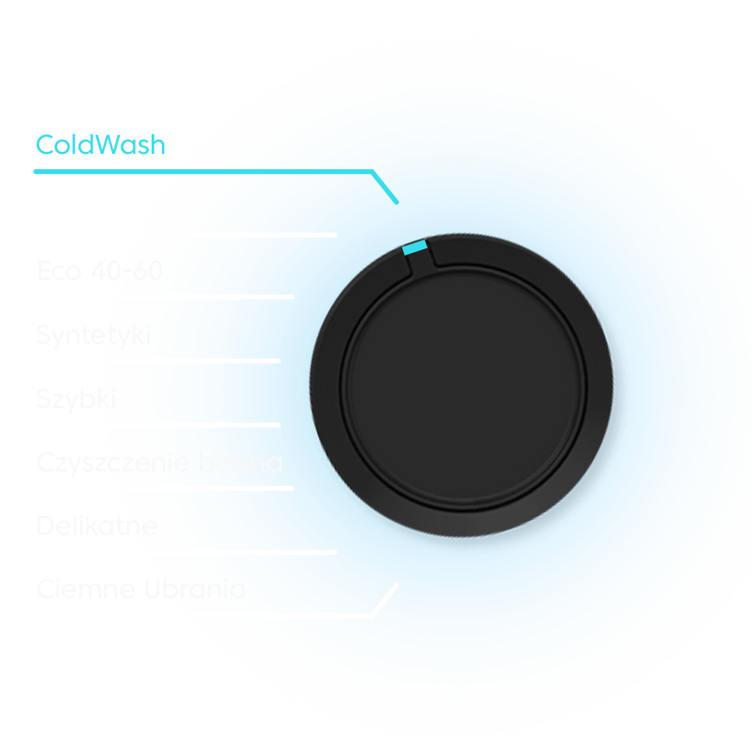 Obraz przedstawia pokrętło pralki z różnymi programami prania na niebieskim tle. Widoczne programy to: ColdWash, Bawełna, Eco 40-60, Syntetyki, Szybki, Czyszczenie bębna, Delikatne, Ciemne Ubrania.