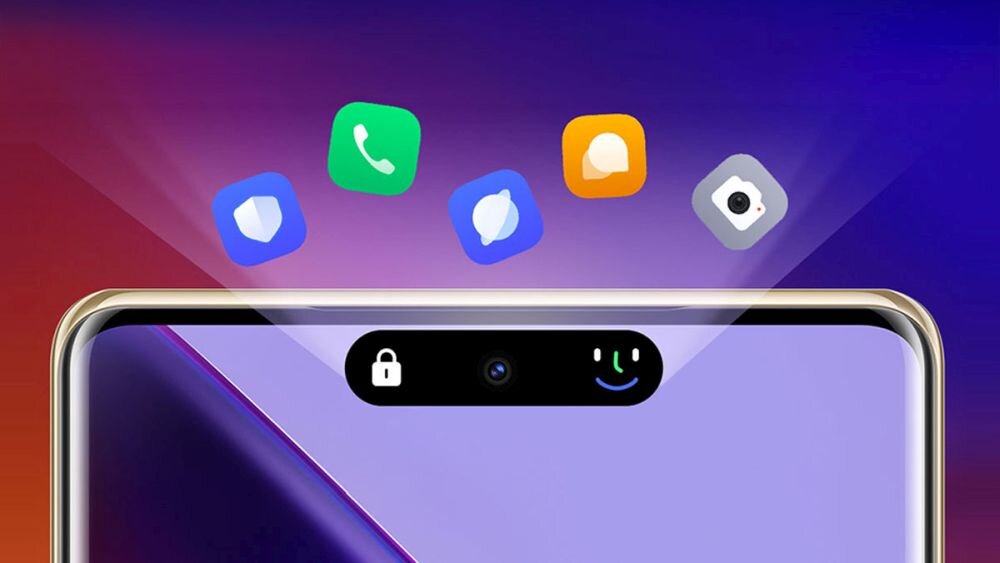 Obraz przedstawia górną część smartfona z wyświetlaczem, na którym widoczne są ikony aplikacji: telefon, wiadomości, aparat i inne. Na ekranie znajduje się również pasek z ikoną kłódki i uśmiechniętą buźką.