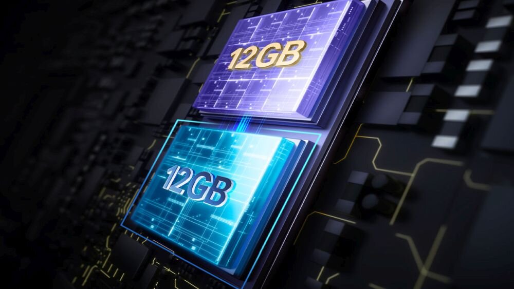 Obraz przedstawia dwa układy scalone z napisami \'12GB\' na ich powierzchni. Układy mają różne odcienie niebieskiego i fioletowego, a tło jest ciemne z geometrycznymi wzorami.