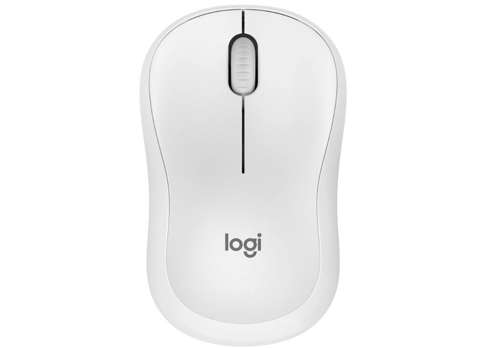 Biała mysz komputerowa z logo \'logi\' na obudowie. Mysz posiada dwa przyciski i rolkę przewijania.