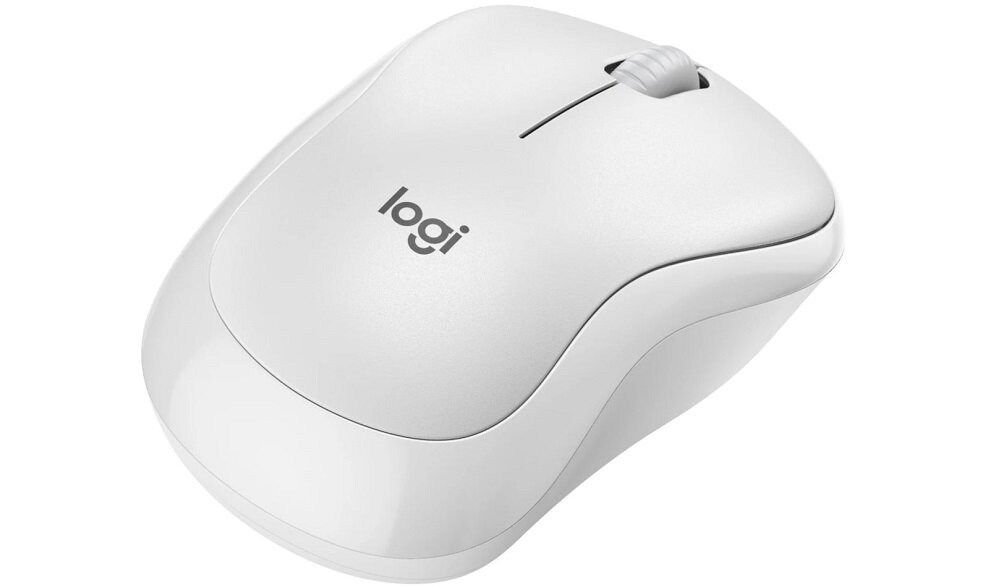 Biała mysz komputerowa z logo \'logi\' na górnej powierzchni. Mysz posiada dwa przyciski i rolkę przewijania.