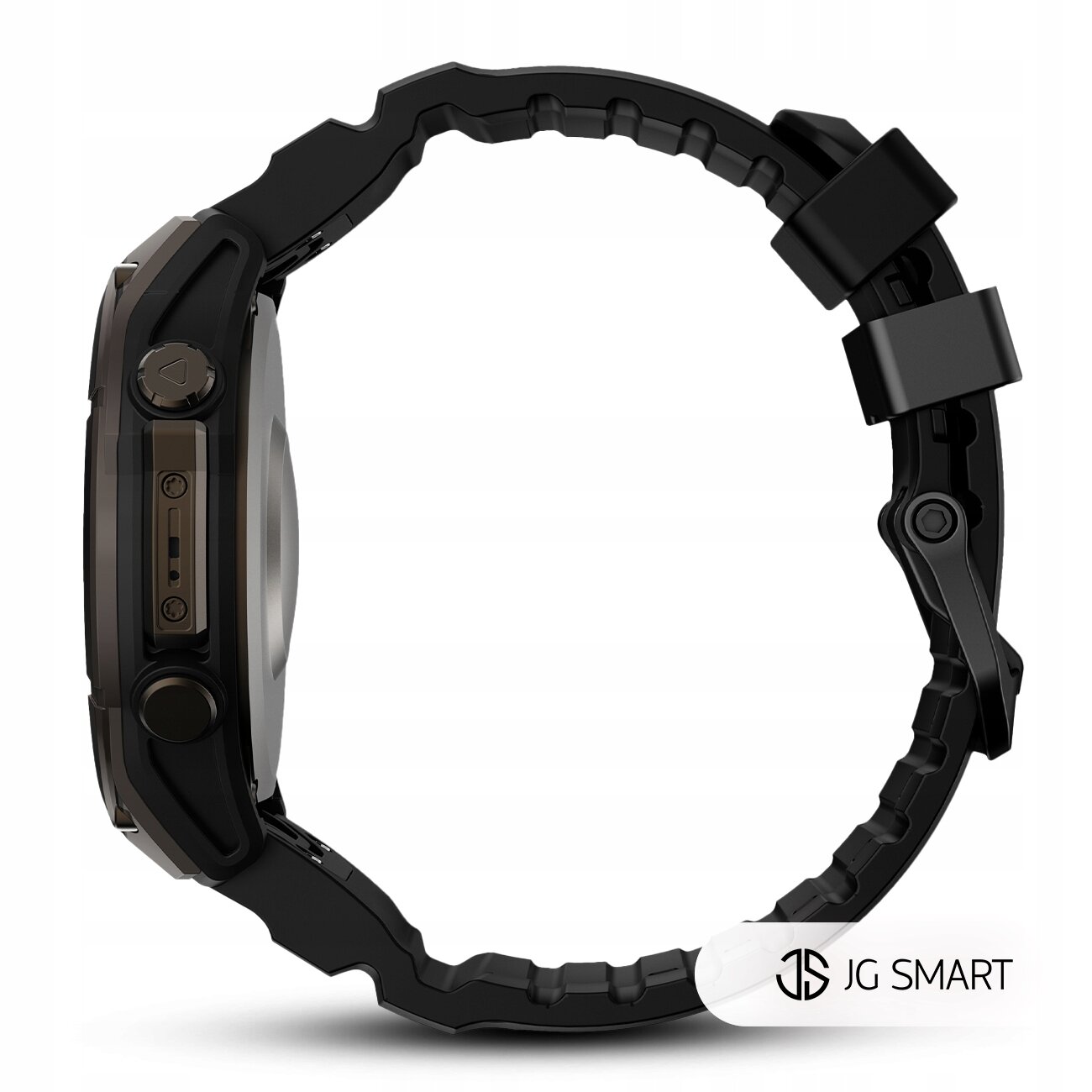 Czarny silikonowy pasek do zegarka widoczny z boku, z logo \'JG SMART\' w prawym dolnym rogu.