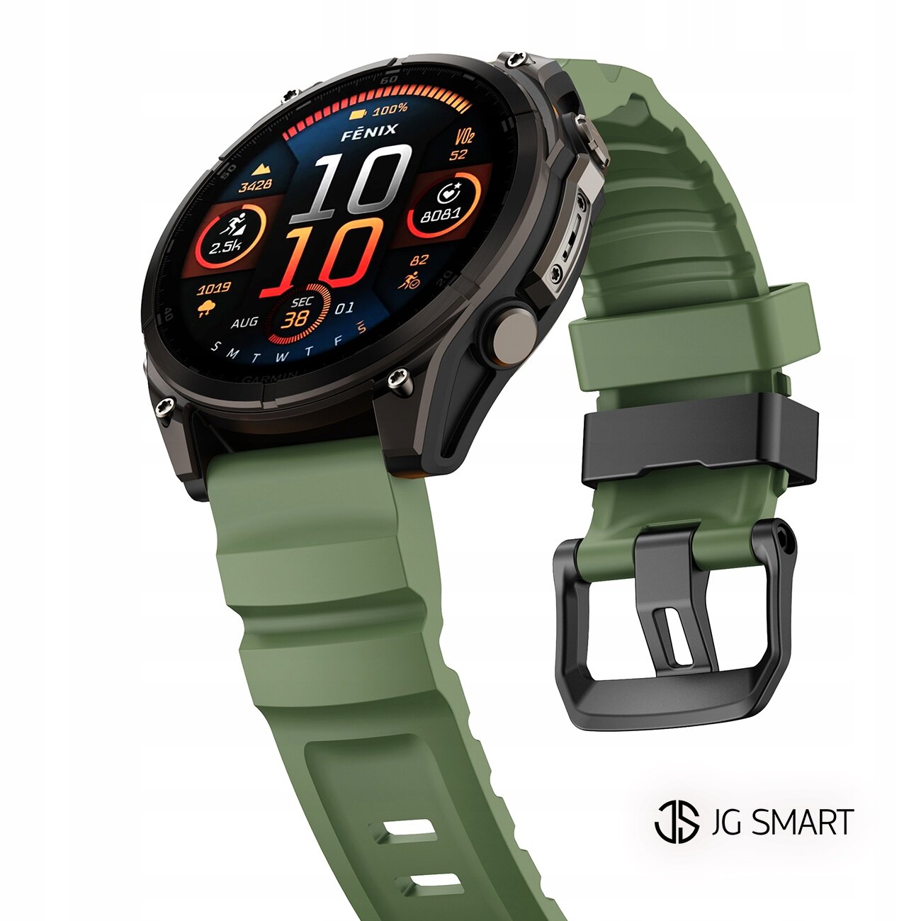 Zielony silikonowy pasek do zegarka z czarną klamrą, obok logo JG SMART.