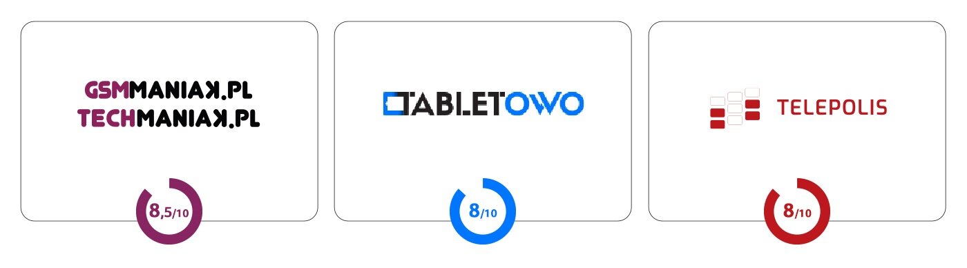 Trzy logotypy z ocenami: GSMManiaK.pl i TechManiaK.pl z oceną 8,5/10, Tabletowo z oceną 8/10, Telepolis z oceną 8/10.