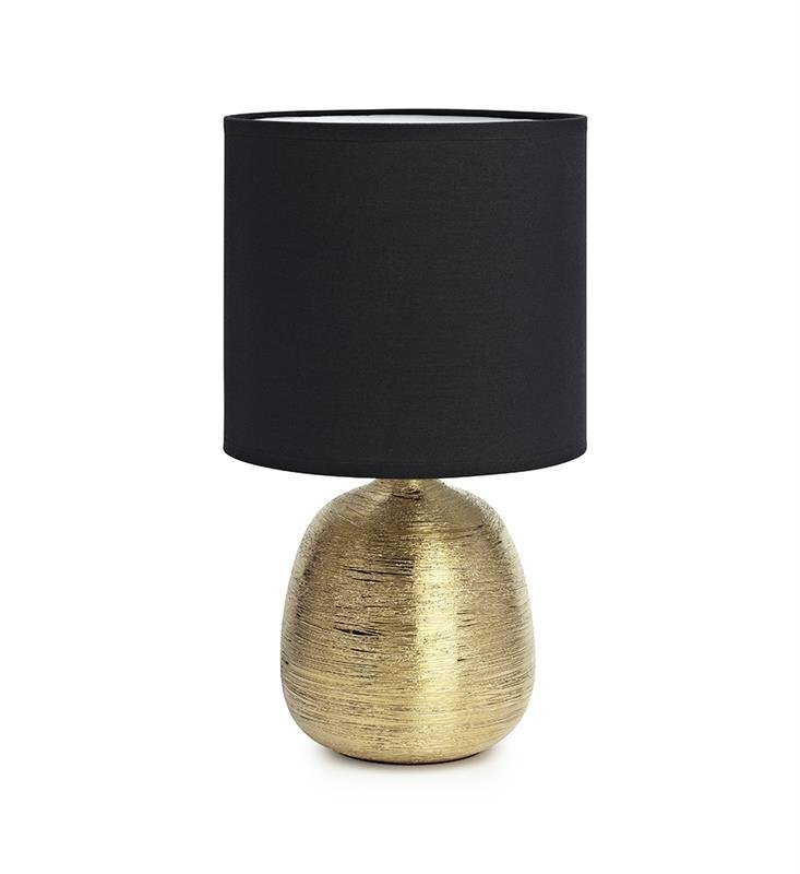 Lampa stołowa z czarnym, cylindrycznym abażurem i złotą, teksturowaną podstawą o zaokrąglonym kształcie.