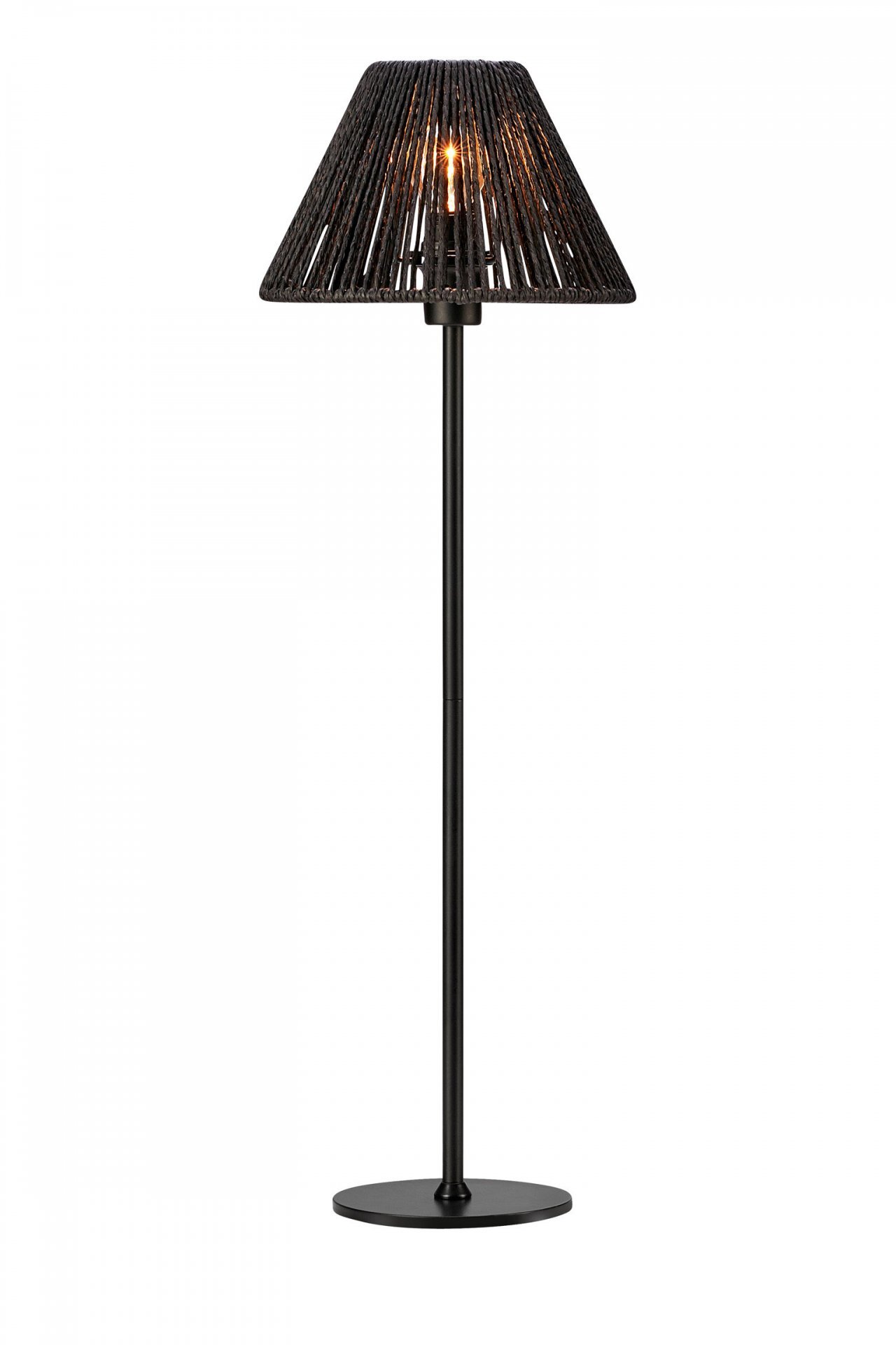 Czarna lampa stołowa z ażurowym kloszem, przez który widoczna jest żarówka, umieszczona na smukłej podstawie.